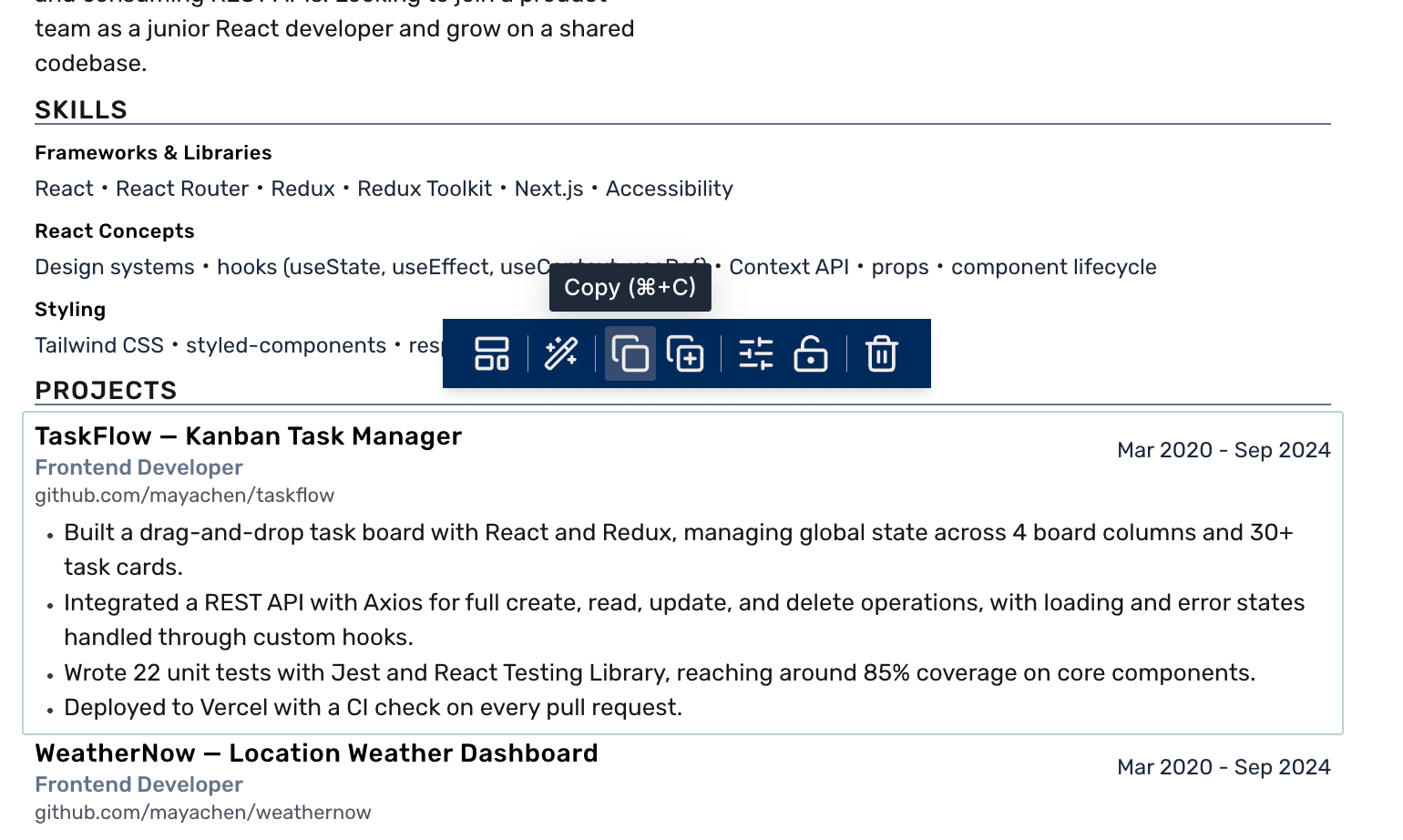 The block toolbar's Copy control, showing the Cmd+C keyboard shortcut