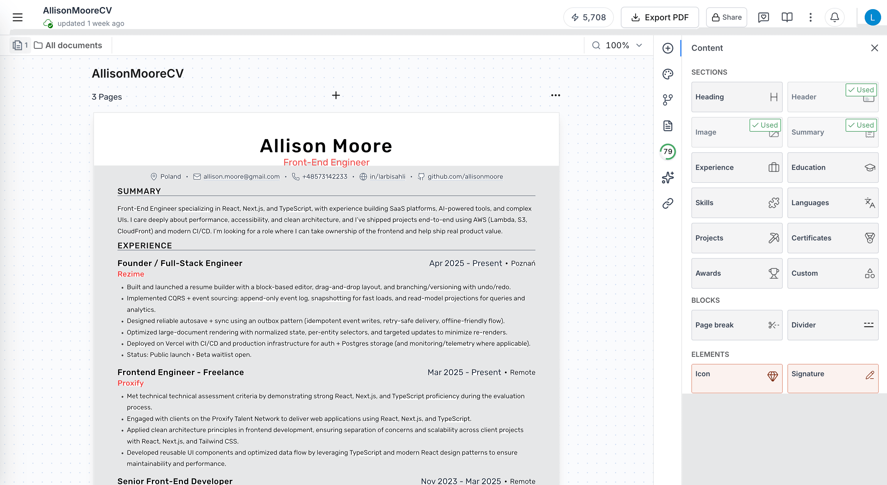 The Roleframe resume editor, mid-edit