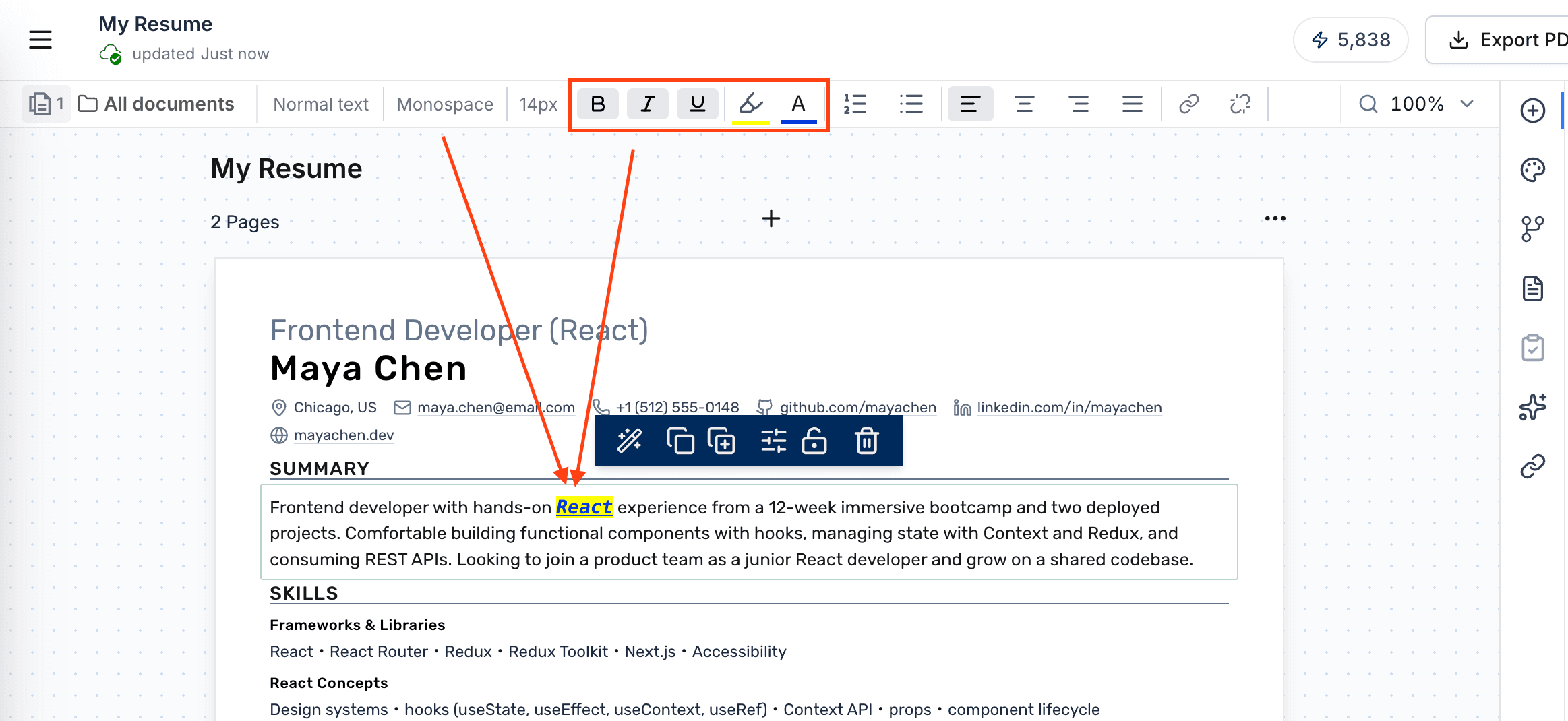 The rich-text editor formatting a resume bullet in place