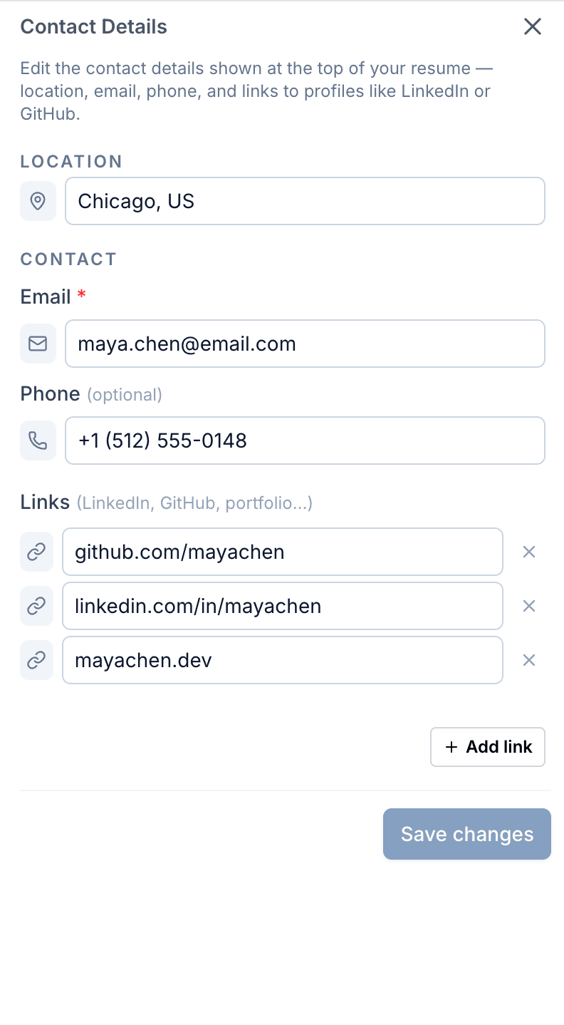 Header & contact editor in Roleframe