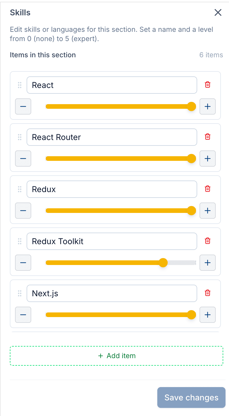 Skills & languages editor in Roleframe