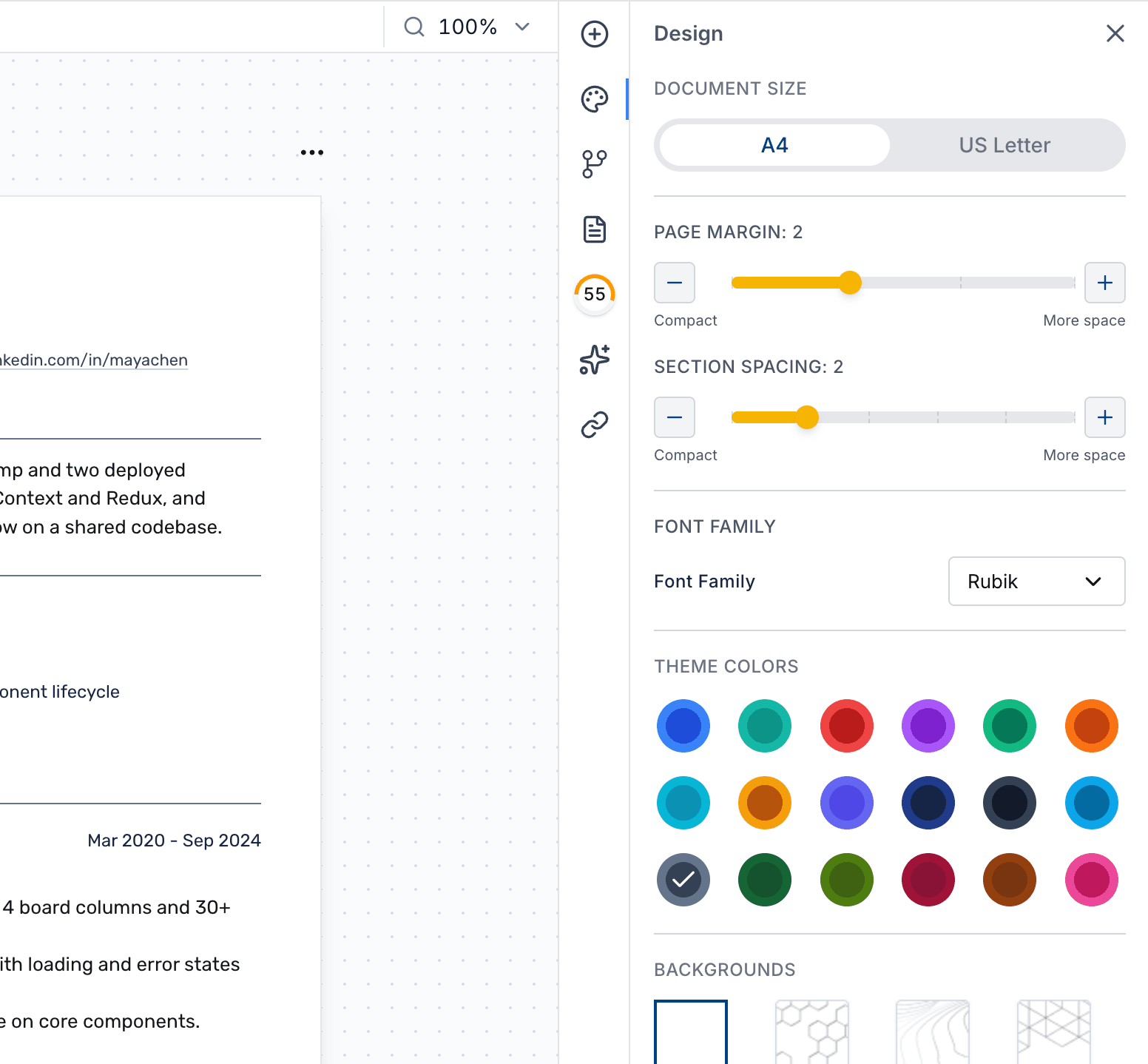 Layout & control panel in the Roleframe editor