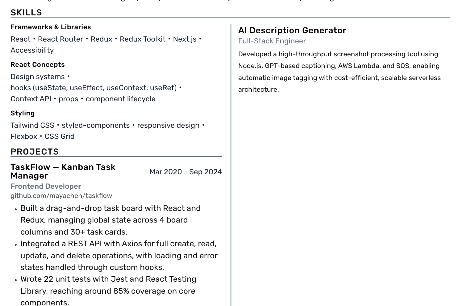 A resume built with a custom two-column layout in the Roleframe editor