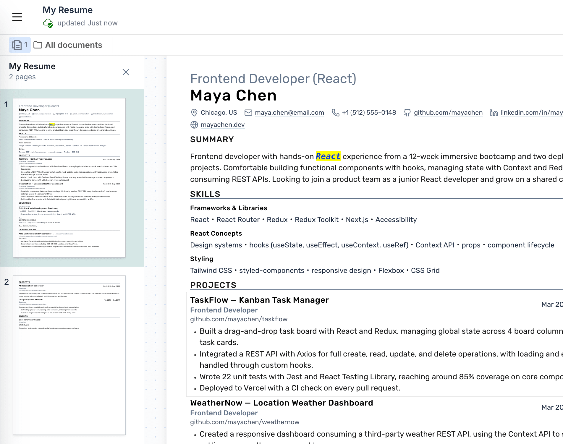 The page navigator panel showing live thumbnails of each resume page