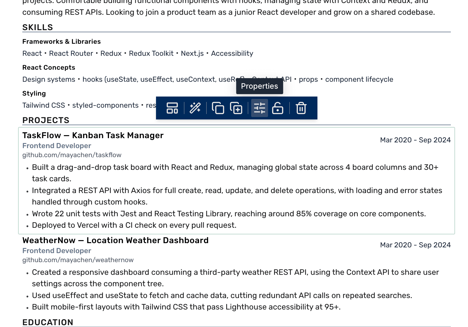 The block toolbar with the Properties control highlighted