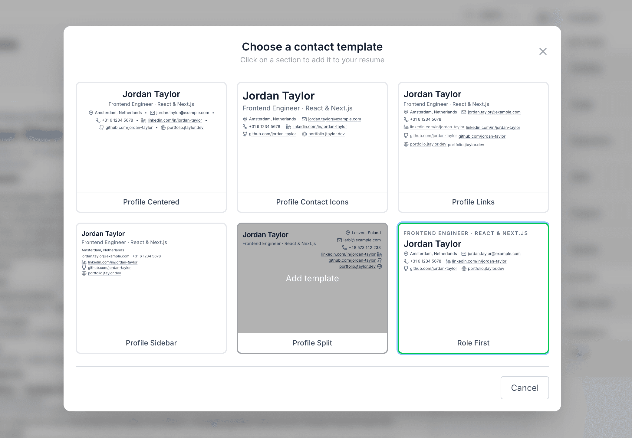 Header section designs in the Roleframe editor