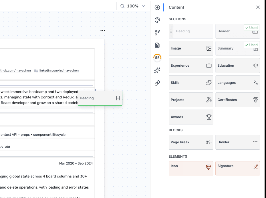 The Content panel showing draggable resume sections like Header, Experience, and Skills