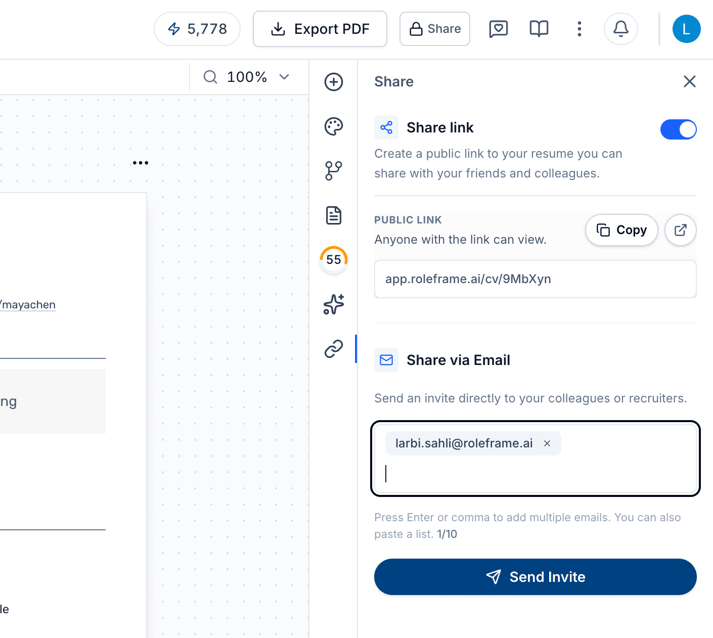 The Share panel with a public view link and email invites