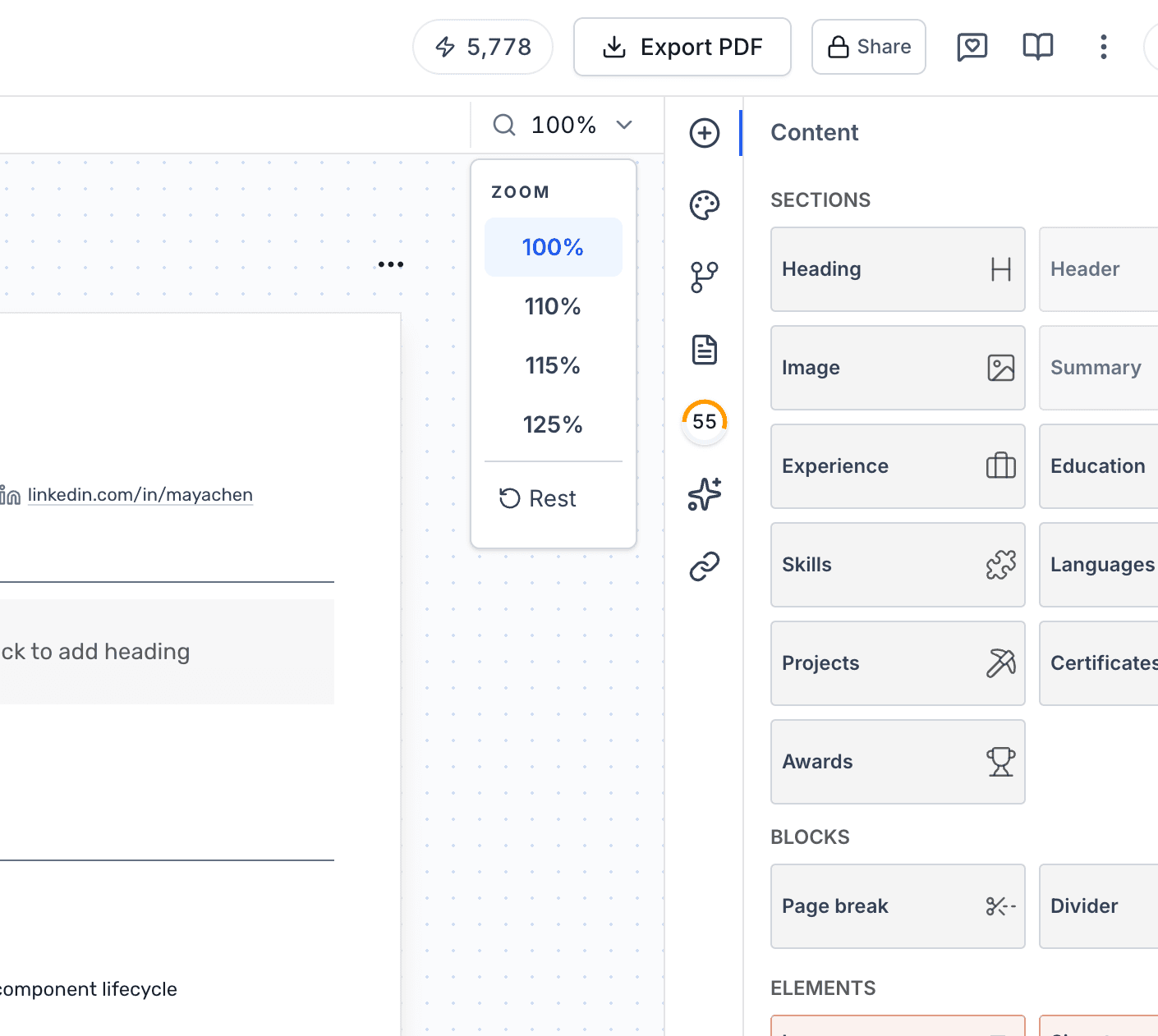 The editor's zoom dropdown open, with levels from 100% to 125% and a reset option