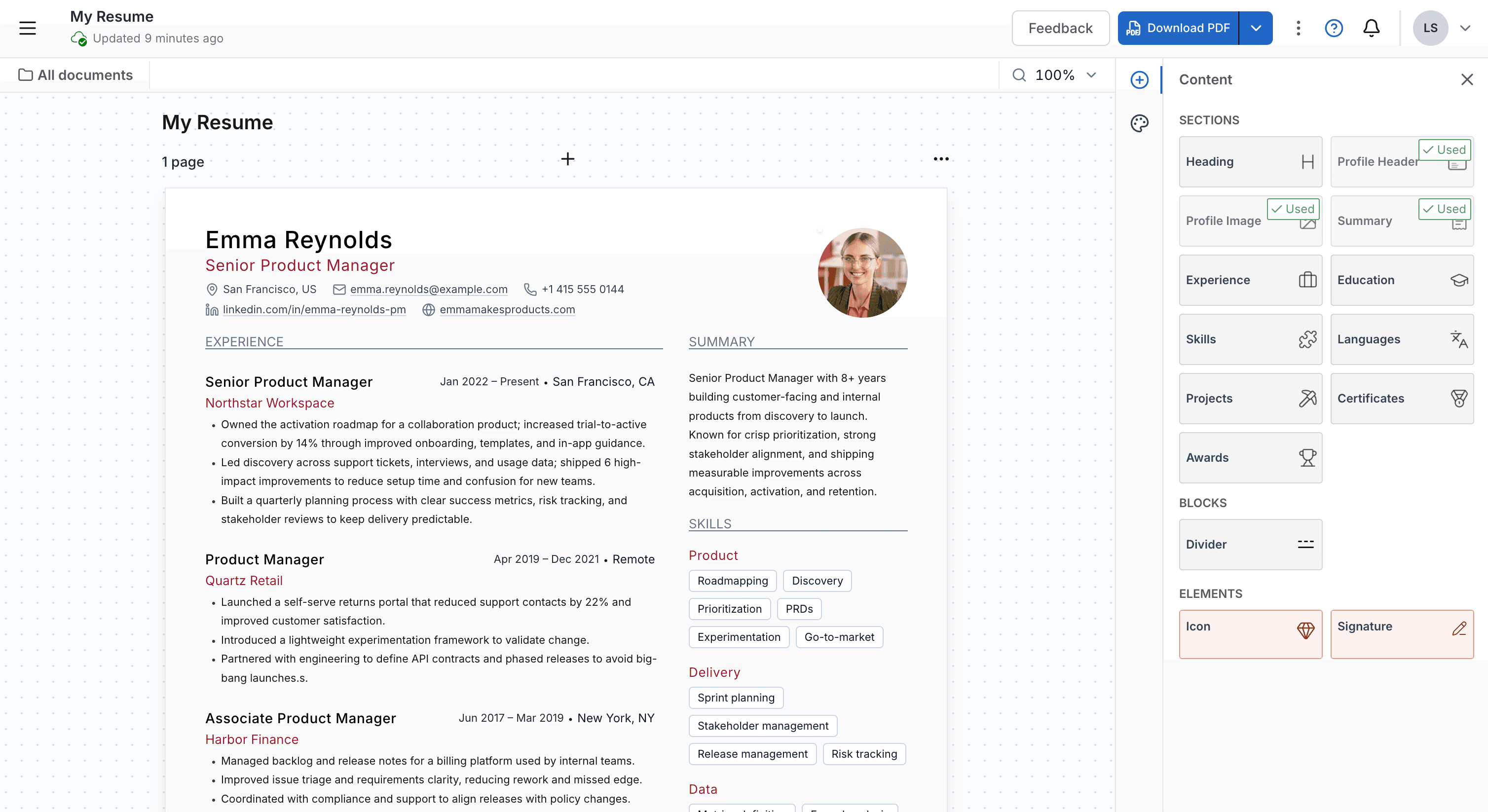 A resume open in the Roleframe editor, with the drag-and-drop content panel on the right